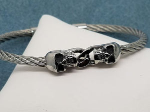 Unisex Double Skull Head Stainless Steel Twisted Cable Fashion Bracelet Bangle - Matties Modern Jewelry