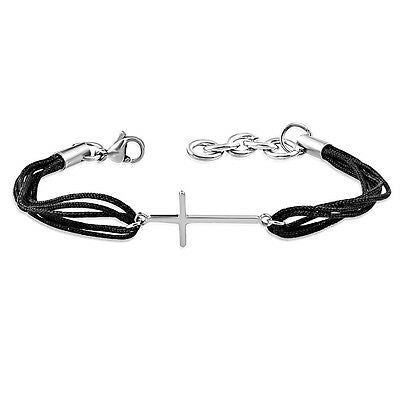 Thin Cross Crucifix Silver Stainless Steel Black Polyester Bracelet Wristband - Matties Modern Jewelry