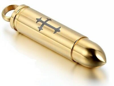 Cross Crucifix Bullet Cremation Urn Gold Stainless Steel Pendant Necklace - Matties Modern Jewelry