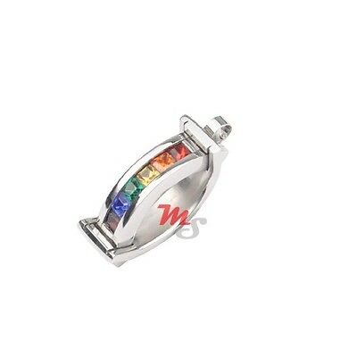 Gay Lesbian Rainbow CZ Curved Silver Stainless Steel Fashion Pendant Necklace - Matties Modern Jewelry