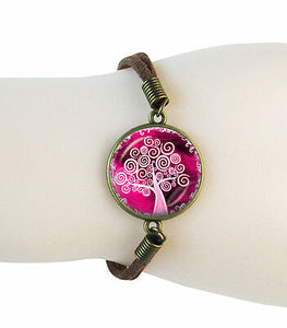 Vivid Pink Tree of Life Cabochon Charm Suede Lobster Clasp Fashion Bracelet - Matties Modern Jewelry