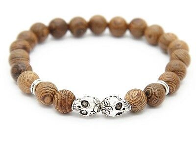 Brown Wood Double Skull Beads Stretch Prayer Mala Bracelet Wristband - Matties Modern Jewelry