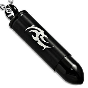 Black Bullet Tribal Design Cremation Urn Stainless Steel Pendant Necklace - Matties Modern Jewelry