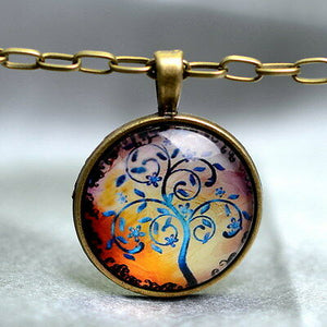 Celtic Tree of Life Round Cabochon Glass Bronze Tan Pendant Necklace - Matties Modern Jewelry