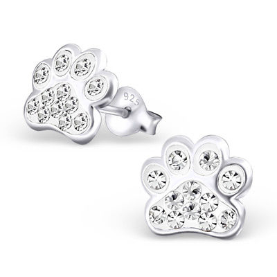 Paw Print Clear Crystal .925 Sterling Silver Stud Post Earrings - Matties Modern Jewelry