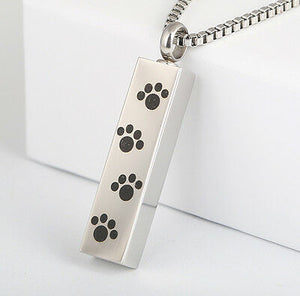 Black Paw Print Rectangle Silver Stainless Steel Cremation Urn Pendant Necklace - Matties Modern Jewelry
