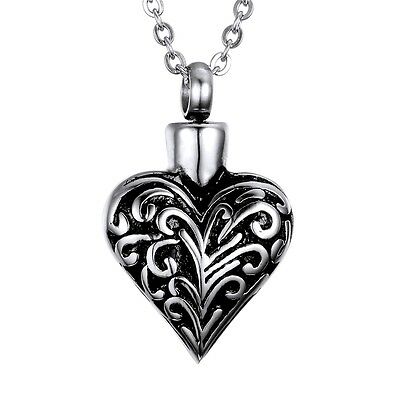 Black Silver Floral Heart Stainless Steel Cremation Urn Pendant Necklace - Matties Modern Jewelry