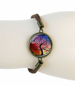 Red Purple Tree of Life Cabochon Charm Suede Lobster Clasp Fashion Bracelet - Matties Modern Jewelry