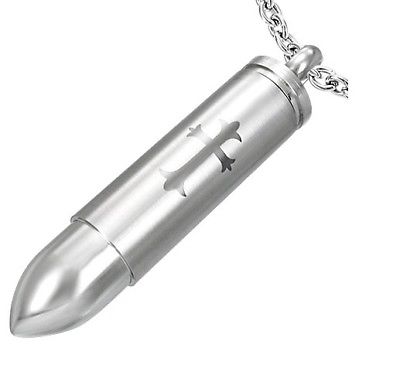 Cross Crucifix Bullet Cremation Urn Gray Silver Stainless Steel Pendant Necklace - Matties Modern Jewelry