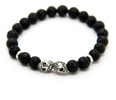 Black Lava Rock Double Skull Beads Stretch Prayer Mala Bracelet Wristband - Matties Modern Jewelry