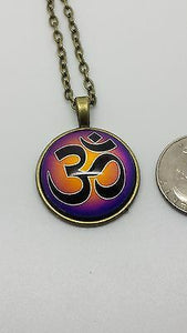 Om Ohm Yoga Hindu Round Cabochon Glass Bronze Black Purple Pendant Necklace - Matties Modern Jewelry
