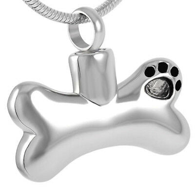 Black Paw Print Dog Bone Silver Stainless Steel Cremation Urn Pendant Necklace - Matties Modern Jewelry