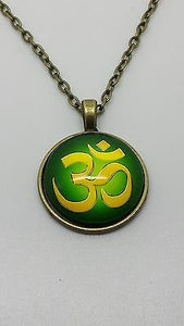 Om Ohm Yoga Hindu Round Cabochon Glass Bronze Green Yellow Pendant Necklace - Matties Modern Jewelry