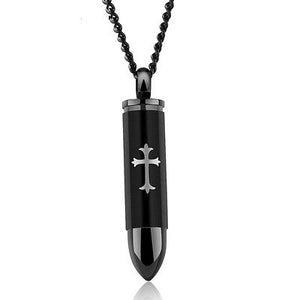 Cross Crucifix Bullet Cremation Ash Urn Black Stainless Steel Pendant Necklace - Matties Modern Jewelry