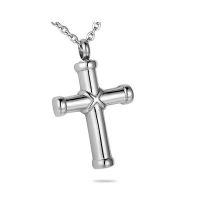 Modern Silver Cross Cremation Urn Keepsake Stainless Steel Pendant Necklace - Matties Modern Jewelry