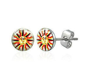 Sun Burst Face Logo Yellow Orange Red Stainless Steel Earrings - Matties Modern Jewelry