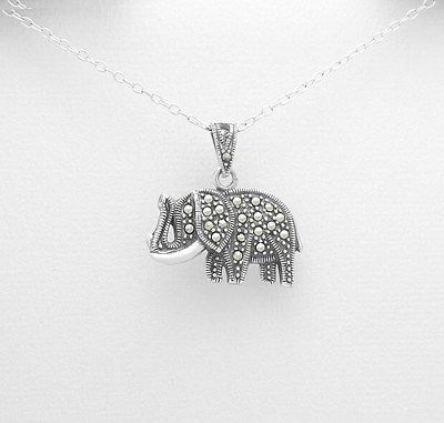 Pachyderm Elephant Sterling Silver .925 Marcasite Pendant Necklace - Matties Modern Jewelry