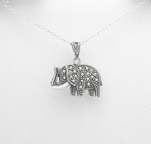 Pachyderm Elephant Sterling Silver .925 Marcasite Pendant Necklace - Matties Modern Jewelry