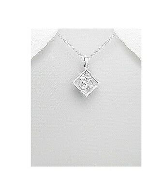 Om Ohm Aum Square Textured CZ Sterling Silver .925 Pendant Necklace - Matties Modern Jewelry