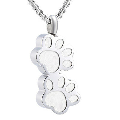 2 Paw Print Rectangle Silver Stainless Steel Cremation Urn Pendant Necklace - Matties Modern Jewelry