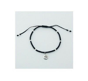 Ohm Om Aum Sterling Silver Charm Black Macrame Adjustable Bracelet Wristband - Matties Modern Jewelry