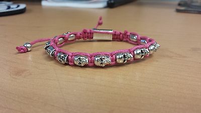 Silver Plated Skulls Pink Multi Strand Adjustable Surfer Fashion Bracelet - Matties Modern Jewelry