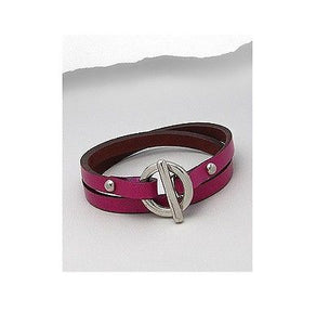 Pink Leather Silver Metal Trendy Fashion Wrap Toggle Clasp Bracelet Wristband - Matties Modern Jewelry