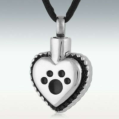 Ornate Heart Paw Dog Silver Black Stainless Steel Cremation Urn Pendant Necklace - Matties Modern Jewelry