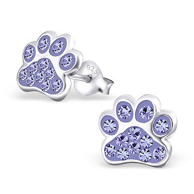 Paw Print Violet Purple Crystal .925 Sterling Silver Stud Post Earrings - Matties Modern Jewelry