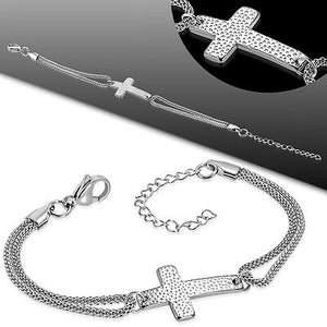 Textured Religious Cross Stainless Steel Snake Chain Adjustable Bracelet - Matties Modern Jewelry