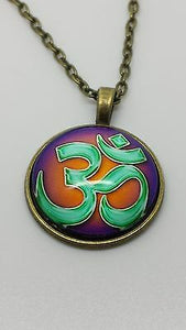Om Ohm Yoga Hindu Round Cabochon Glass Bronze Purple Teal Pendant Necklace - Matties Modern Jewelry