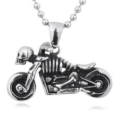 Skull Skeleton Biker Motorcycle 3D Silver Black Stainless Steel Pendant Necklace - Matties Modern Jewelry