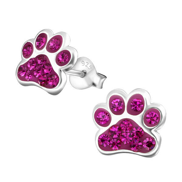 Paw Print Fuschia Rose Pink Crystal .925 Sterling Silver Stud Post Earrings - Matties Modern Jewelry