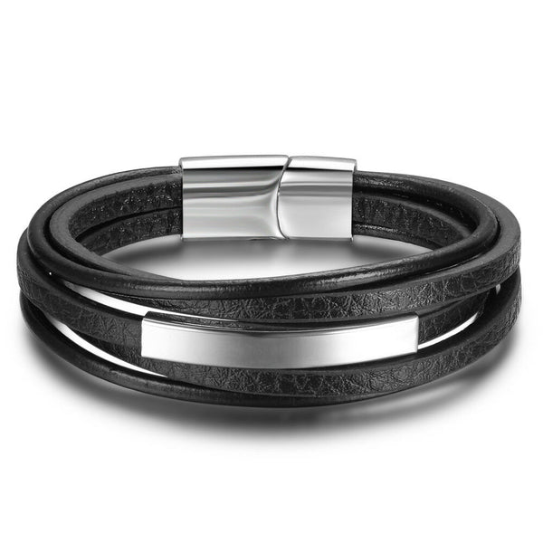 Men's Designer Style 5 Strand Black Leather Stainless Steel Bracelet Trendy - Matties Modern Jewelry