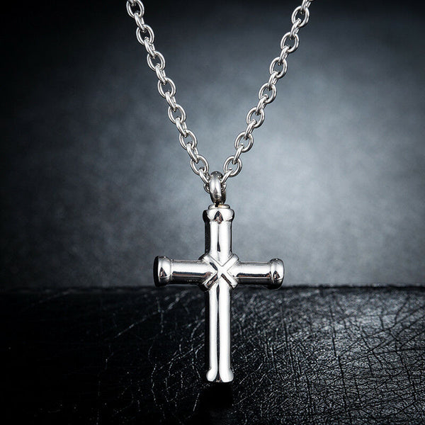 Modern Silver Cross Cremation Urn Keepsake Stainless Steel Pendant Necklace - Matties Modern Jewelry