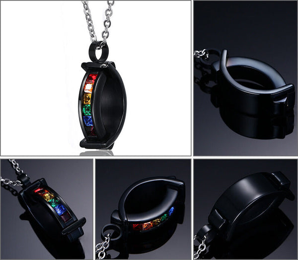 Gay Lesbian Rainbow CZ Black Curved Stainless Steel Fashion Pendant Necklace - Matties Modern Jewelry