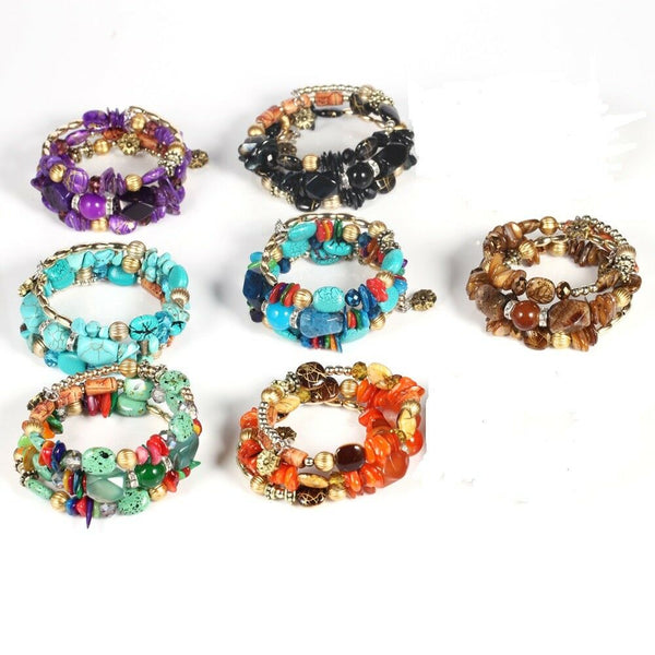 Multi Color Beaded Stone Bauble Boho Memory Wire Wrap Fashion Bracelet - Matties Modern Jewelry