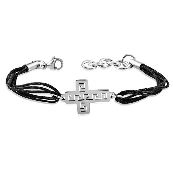 Cross Crucifix Silver Stainless Steel Black Polyester Bracelet Wristband - Matties Modern Jewelry