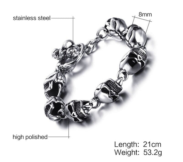 Heavy Silver and Black Stainless Steel Skull Head Gothic Biker Link Bracelet - Matties Modern Jewelry