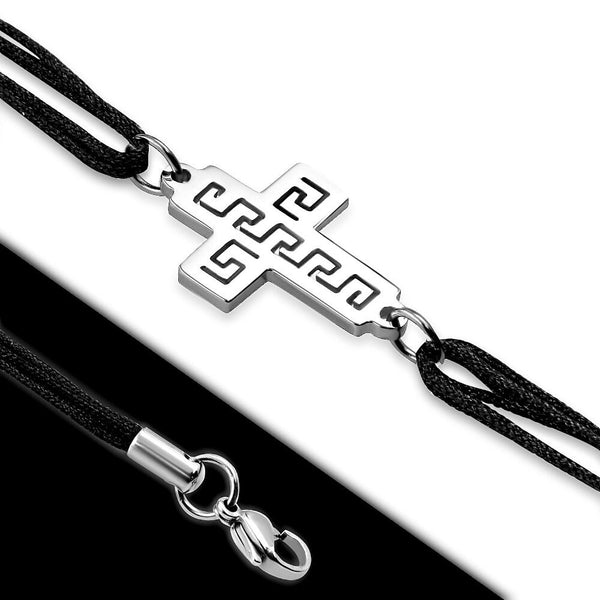 Cross Crucifix Silver Stainless Steel Black Polyester Bracelet Wristband - Matties Modern Jewelry