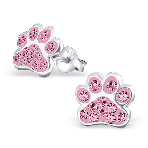 Paw Print Light Rose Pink Crystal .925 Sterling Silver Stud Post Earrings - Matties Modern Jewelry