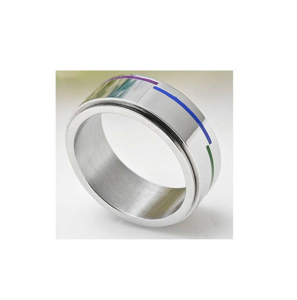 Gay Lesbian Rainbow Striped Spinner Silver Stainless Steel Ring Size 6-10 - Matties Modern Jewelry