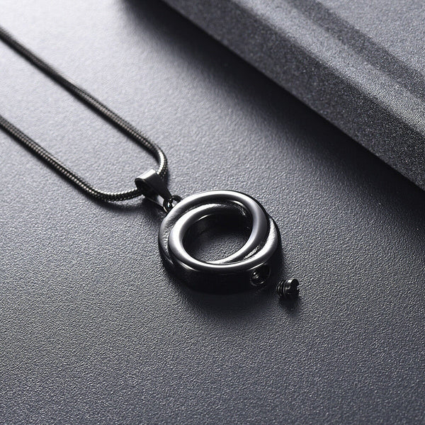 Black Double Circle of Life Cremation Urn Stainless Steel Pendant Necklace - Matties Modern Jewelry