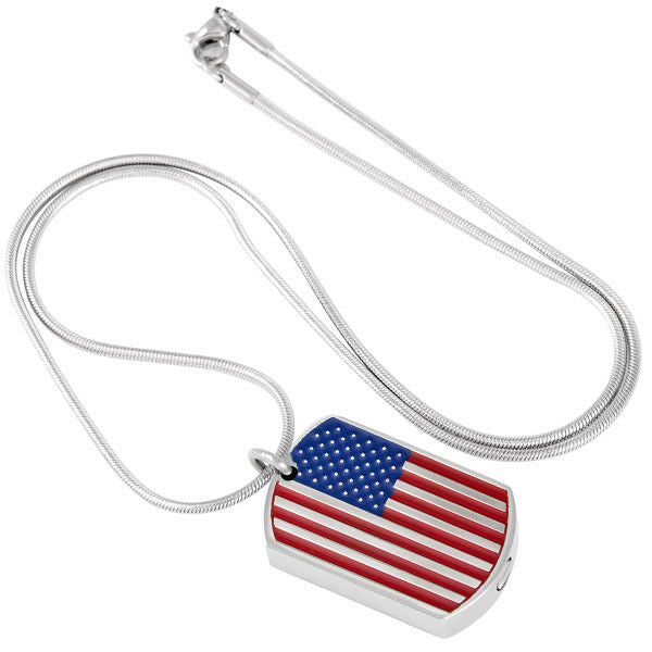 USA Flag Cremation Urn Silver Rectangle Stainless Steel Pendant Necklace - Matties Modern Jewelry