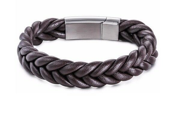 Unisex Black or Brown Stainless Steel and Woven Leather Cuff Bracelet Wristband - Matties Modern Jewelry