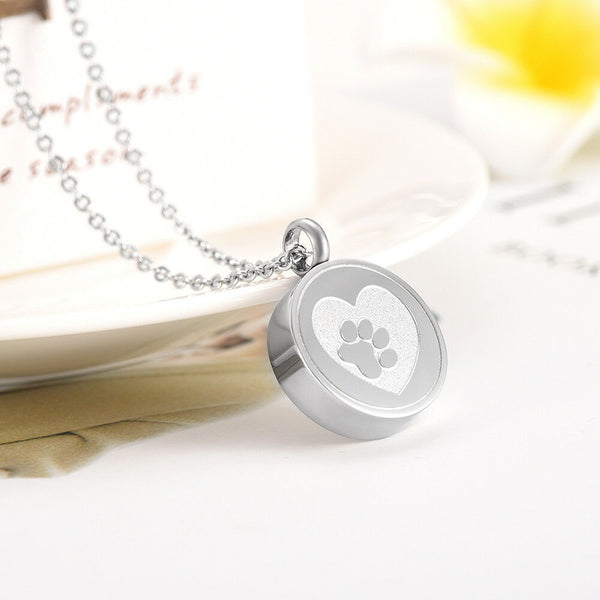 Silver Heart Paw Print Cremation Urn Stainless Steel Fashion Pendant Necklace - Matties Modern Jewelry