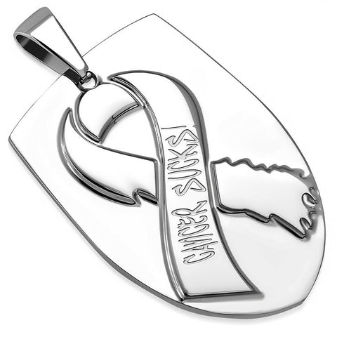 Cancer Sucks Silver Stainless Steel Shield Medallion Pendant Necklace - Matties Modern Jewelry