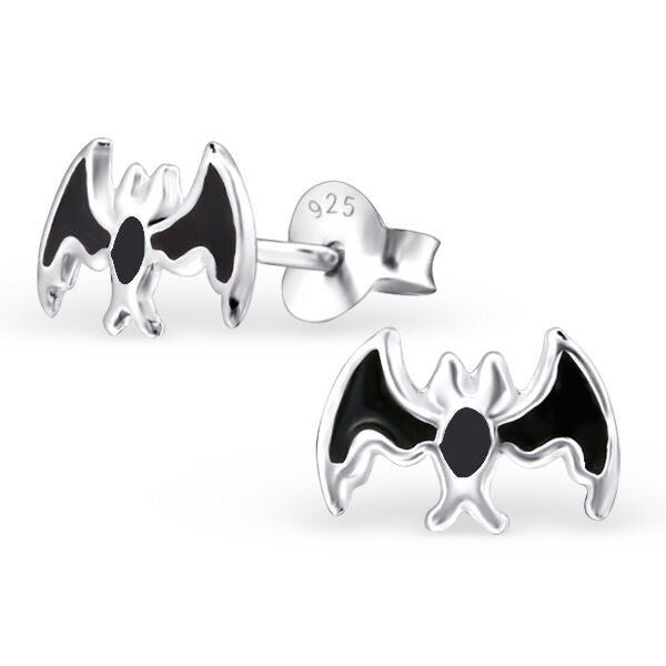Halloween Bat Stud Post Earrings Black Enamel with .925 Sterling Silver - Matties Modern Jewelry