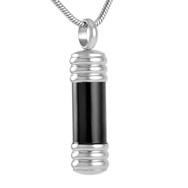 Modern Silver Black Cylinder Cremation Urn Stainless Steel Pendant Necklace - Matties Modern Jewelry