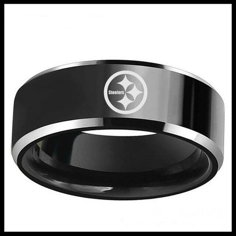Pittsburgh Steelers Football Team Black Stainless Steel Mens Band Ring Size 6-13 - Matties Modern Jewelry